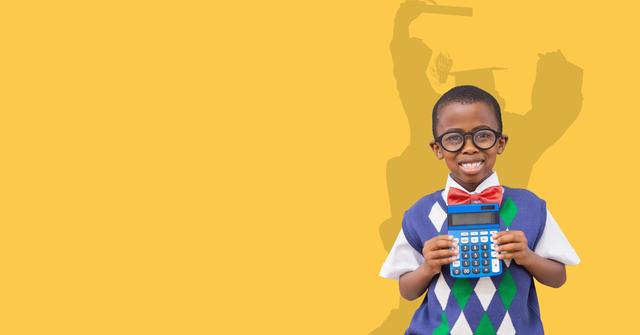 Young boy smiling while holding a calculator, symbolizing future academic success and aspirations with background silhouette of a graduate. Suitable for educational campaigns, school posters, aspiration and motivation themes, and children’s learning materials.