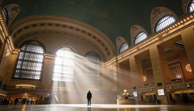 Standing silhouette on sunlit grand concourse, sunbeams streaming through vaulted arches