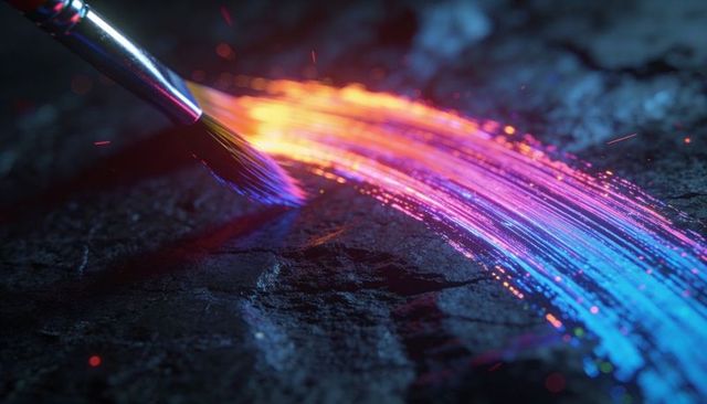 Round-tip brush painting neon light trail across textured stone surface with sparks