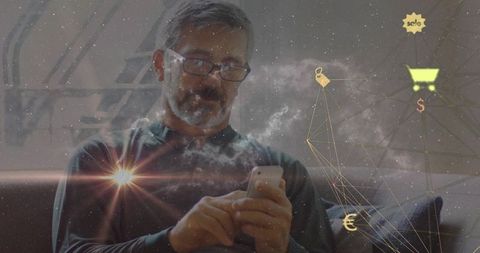 Senior man using smartphone with digital commerce overlays and galaxy lens flare