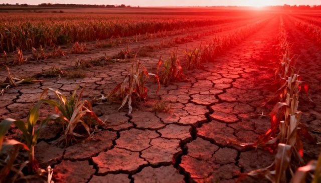 Drought-stressed corn field revealing deep cracked soil and red sunset light across farmland
