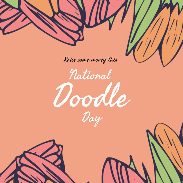 Abstract doodle designs form the background for a fundraising message for National Doodle Day. Handwritten-style text encourages raising money, set against a peach-colored backdrop with colorful abstract shapes. Suitable for use in promotional materials, awareness campaigns, and social media to encourage participation and convey creativity.