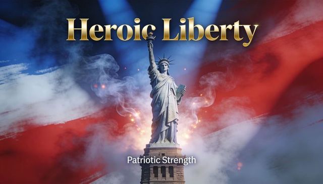 Heroic liberty: statue of liberty standing holding torch and tablet, smoky flag backdrop