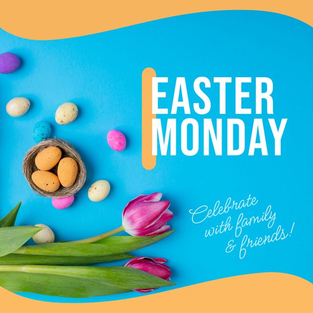 Picture features a vibrant Easter-themed layout with colorful eggs in a nest and tulips over a bright blue background. Ideas include promotions for Easter events, holiday greeting cards, social media posts for Easter celebrations, and seasonal flyers. Perfect for emphasizing the festive and joyful spirit of the holiday.
