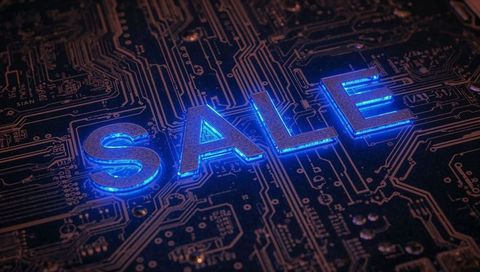 Glowing blue sale text lighting circuit board with copper traces and neon halo