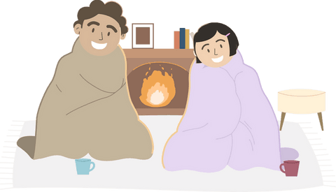Couple wrapped in blankets by fireplace, transparent background