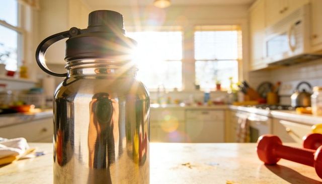 Reflecting stainless water bottle catching sun flare on kitchen counter with red dumbbell