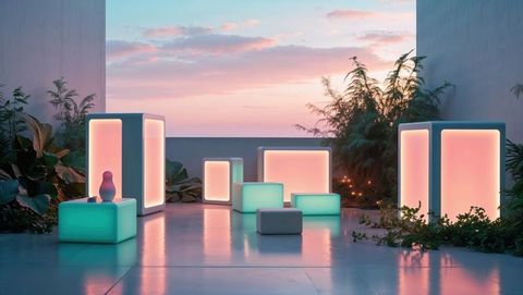 Glowing Modular Lights Reflecting on Terrace at Dusk
