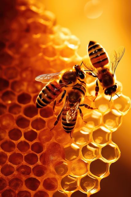 Close-up of honey bees working on honeycomb, bathed in warm golden light, highlighting their delicate wings and the intricate pattern of the honeycomb. Suitable for use in agriculture, environmental campaigns, educational materials, or beekeeping promotional content.