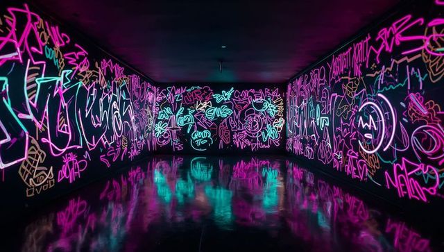 Neon graffiti tunnel creating mirror reflections on glossy floor in immersive gallery