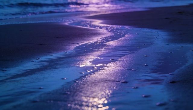 Moonlight reflecting on curving tide line at twilight on serene wet sand beach
