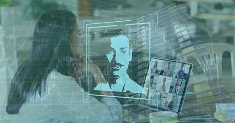Woman Engaged in Virtual Meeting with Digital Graphics Overlay
