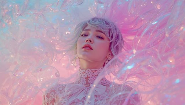 Elegant Model Surrounded by Pastel Lighting and Ethereal Elements