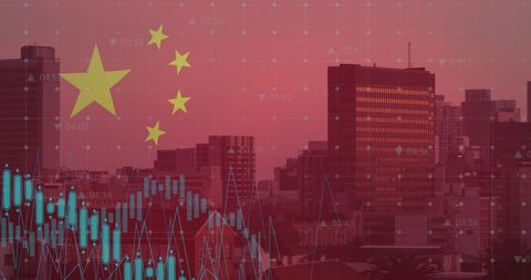 Chinese flag and data visualization over cityscape
