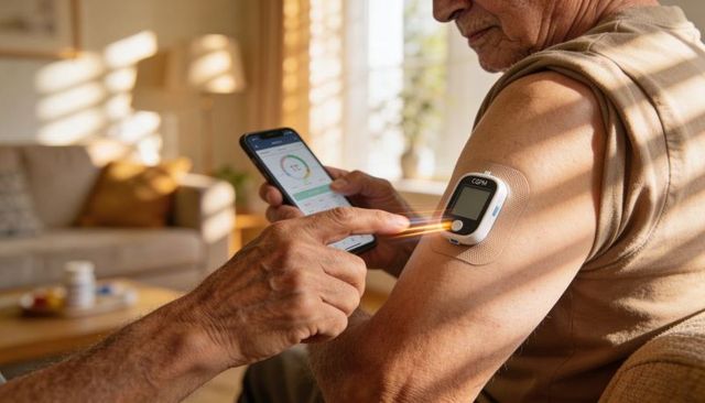 Senior checking continuous glucose with smartphone and wearable arm sensor in living room