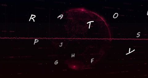 Pulsing red particle globe with neon waveform and floating letters holographic interface
