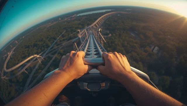 Hands gripping roller coaster safety bar with thrill ride view