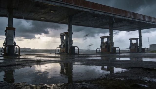 Abandoned gas station under stormy sky with puddle reflections and rusted canopy