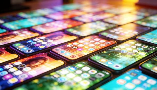 Displaying vibrant smartphone grid with app icons, glossy reflections and colorful ui