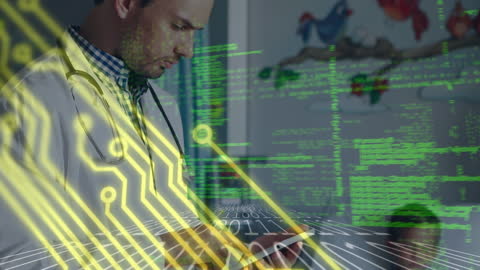 Doctor Analyzing Data on Digital Tablet with Futuristic Graphics