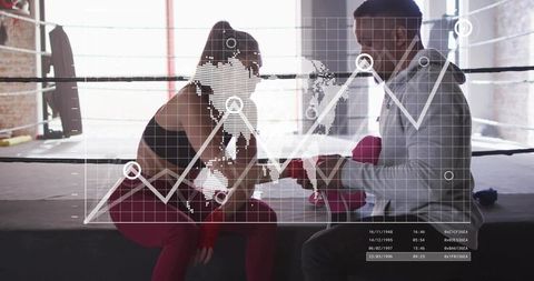 Coach wrapping gloves while boxer resting ringside with digital world map and analytics overlay