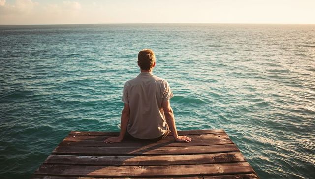 Solitary man sitting on wooden pier overlooking calm turquoise ocean at golden hour