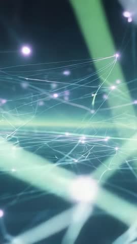 Vertical cyberspace network reveal with neon-green beams, glowing nodes and filaments