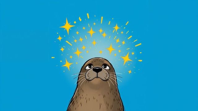 Cartoon seal gazing upward with starry glow on blue