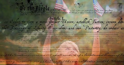 Young Child Holding American Flags with US Constitution Overlay
