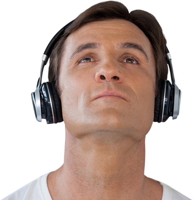 Thoughtful Mature Man with Headphones Listening Upwards Transparent Background - Download Free Stock Videos Pikwizard.com