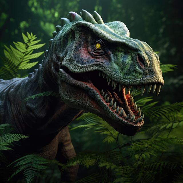 A fierce-looking dinosaur, possibly a carnivorous species like a Tyrannosaurus or similar predatory dinosaur, is depicted roaring among thick, lush green jungle foliage. The detail on its sharp teeth and textured skin accentuates its fierceness and predatory nature, suggesting a return to ancient, prehistoric times. This image is ideal for educational materials, sci-fi or adventure movie concepts, book covers, and children’s dinosaur-themed content.