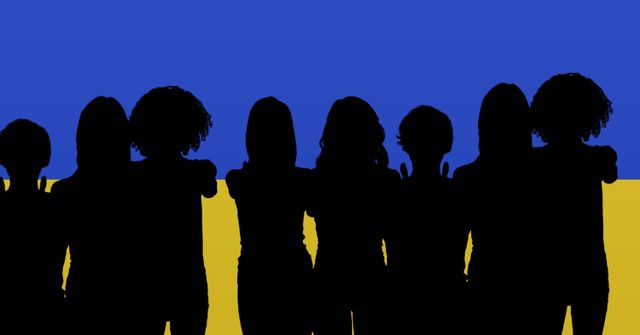 Silhouette of group of people pointing in direction against Ukrainian flag background represents themes of Ukraine crisis, invasion, and conflict. Ideal for use in articles, banners, and social media posts highlighting solidarity, human rights, and political protests in support of Ukraine.