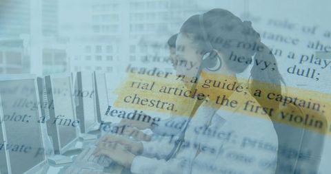 Customer support agent wearing headset typing at desktop double exposure with dictionary text