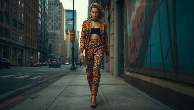 Stylish model in patterned suit walking urban street