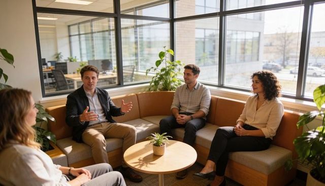 Team collaborating and listening in modern office lounge during casual business discussion