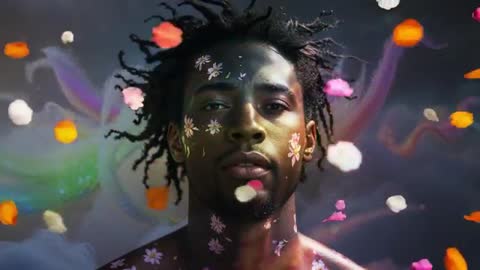 Surreal Portrait of Man Adorned with Daisies Amid Floating Petals