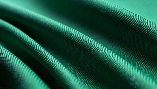 Emerald woven textile close-up showing diagonal folds, visible threads and satin sheen