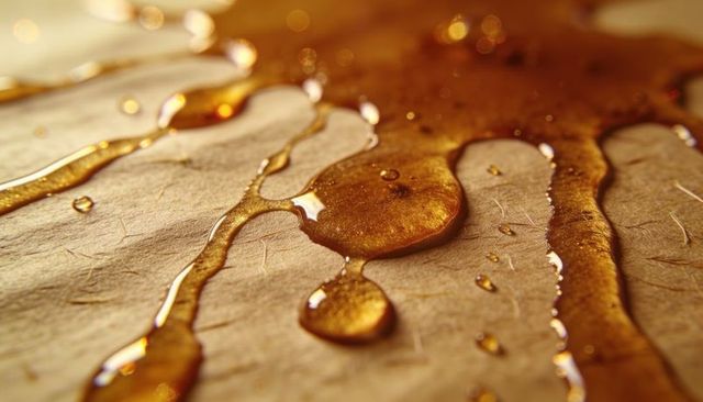 Macro amber syrup droplets flowing on fibrous paper with glossy reflective highlights