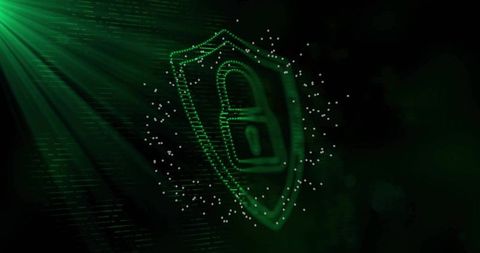 Neon green cyber shield pulsing with flowing bits and glowing padlock for data security