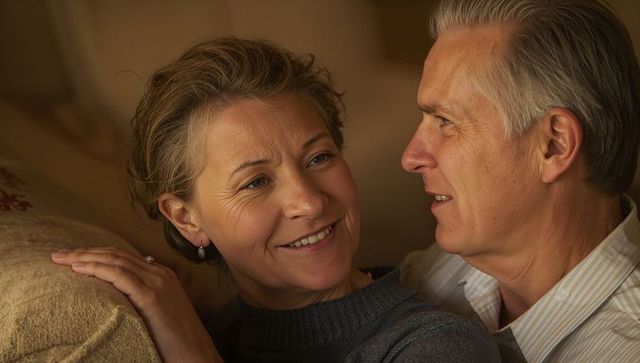 Senior couple sharing intimate moment on sofa, smiling while showing wedding ring