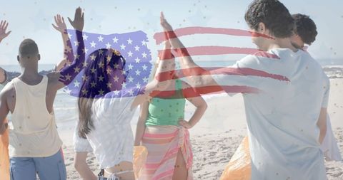 Diverse Friends Celebrating Beach Picnic with American Flag Overlay - Download Free Stock Images Pikwizard.com