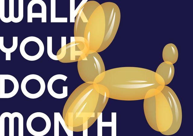 Bright and playful balloon dog illustration with text promoting Walk Your Dog Month. Ideal for event posters, social media posts, pet care articles, and campaigns encouraging dog walking. Engaging and colorful marketing material for pet stores, dog walking services, and animal welfare organizations.