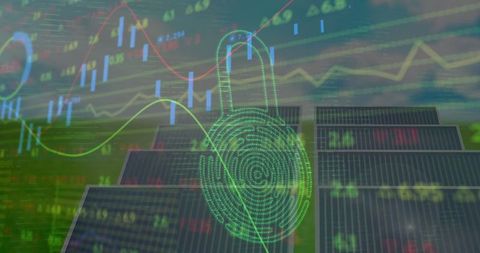 digital lock and financial charts over solar panels - Download Free Stock Images Pikwizard.com