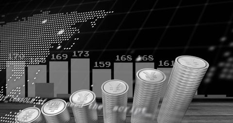 Coin stacks with financial data background