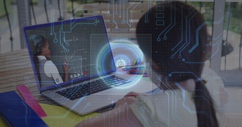 Girl in Virtual Classroom Using Laptop Technology Overlay