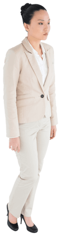 Transparent Businesswoman in Beige Suit Standing Confidently