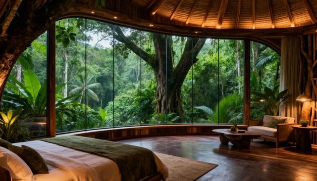 Luxury jungle bungalow bedroom with panoramic curved glass framing massive tree trunk