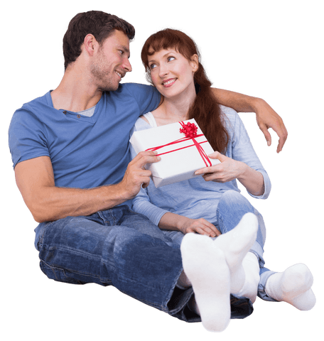 Happy Couple Holding Gift on Transparent Background