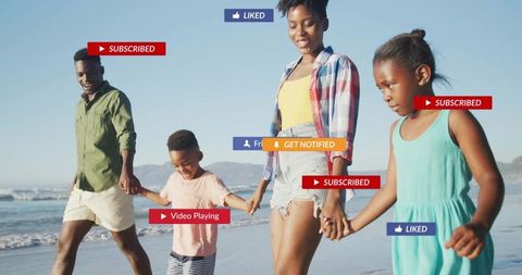 Family walking on sunny beach holding hands with social media notification overlays