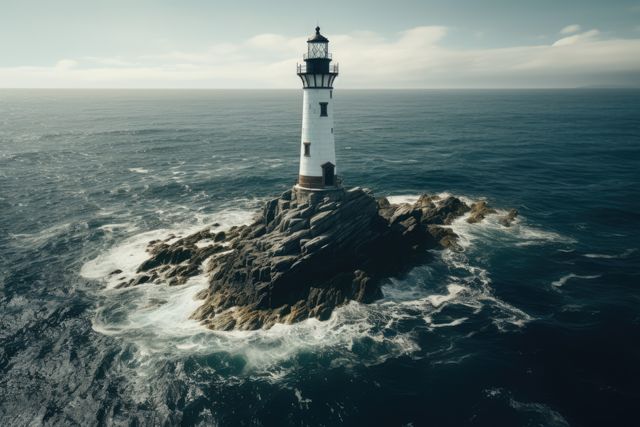 Lighthouse on rock and calm seas, created using generative ai technology. Building, sea, sailing and nature concept digitally generated image.